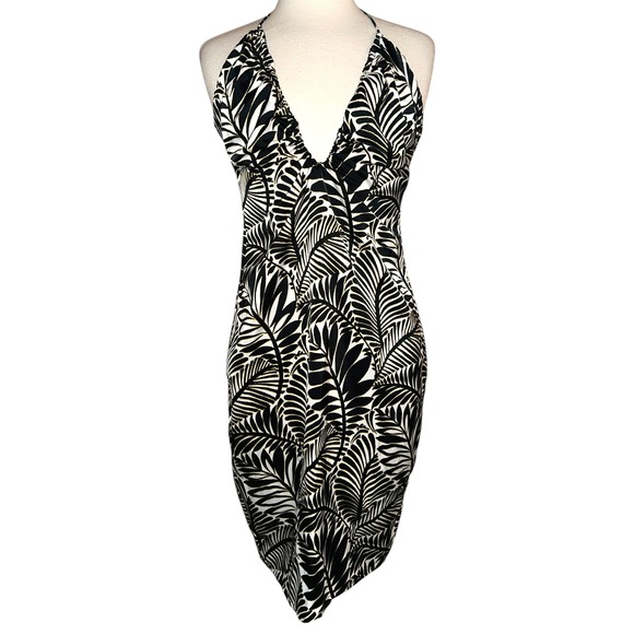 WB4 Christian Lacroix Black White Tropical Palm Leaf Halter Dress Mini S - Picture 1 of 6